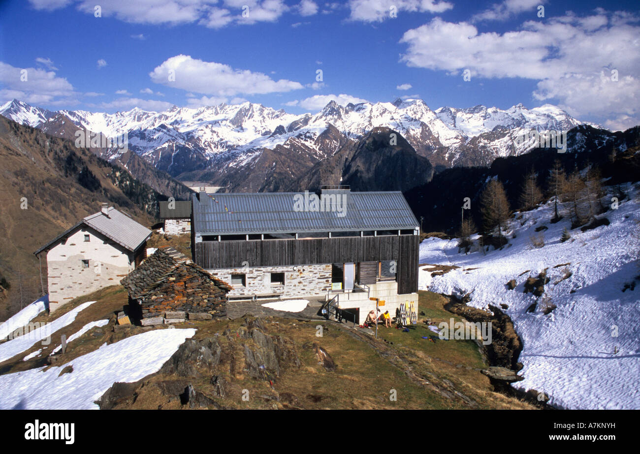 Boverina hut (1869m) during the mild winter of 2007. Tessin, Switzerland. Stock Photo