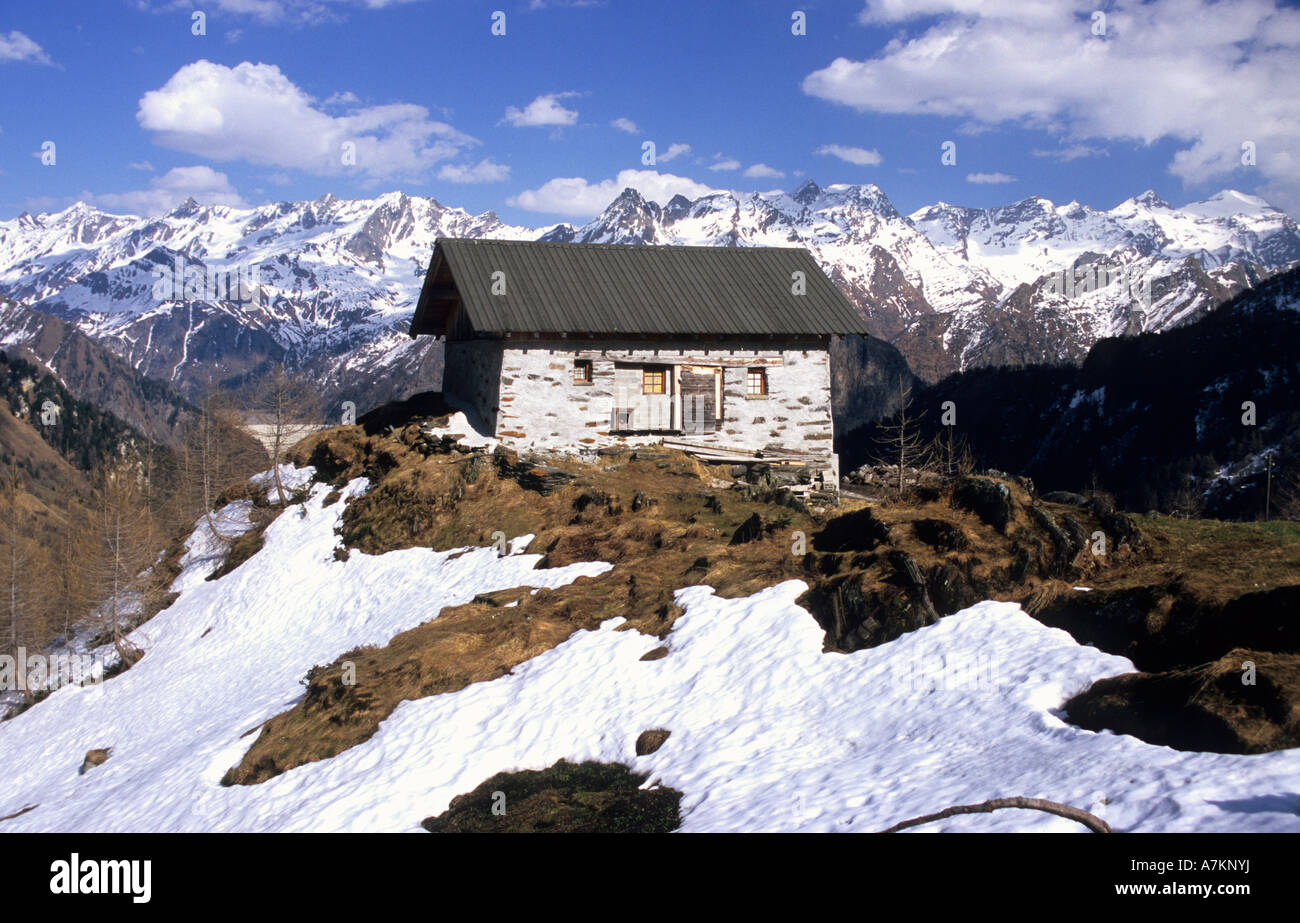 Small cabin near Boverina hut (1869m) during the mild winter of 2007. Tessin, Switzerland. Stock Photo