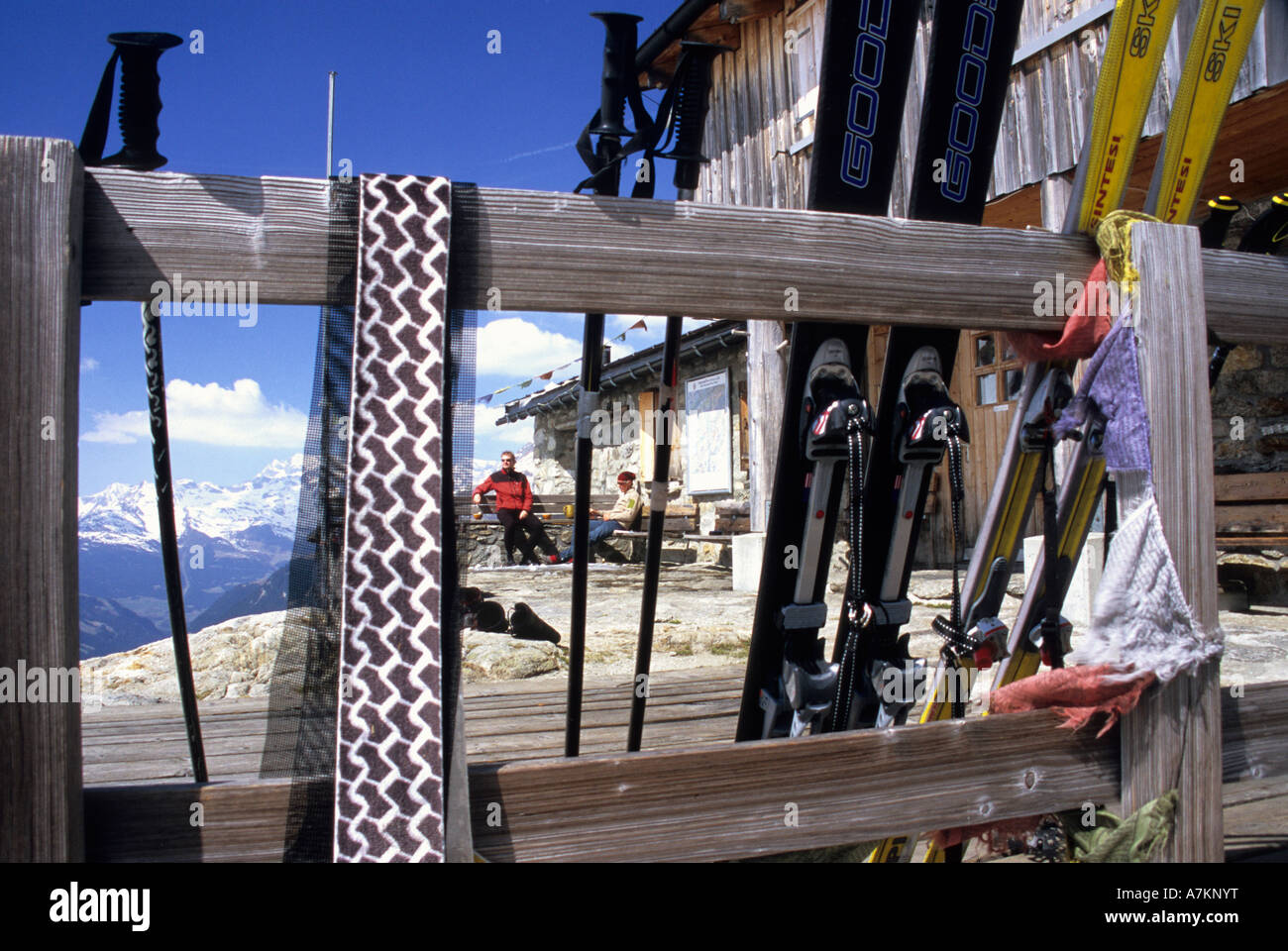 View between drying skis and climbing skins at the Terri hut (2170 m) to resting ski alpinists