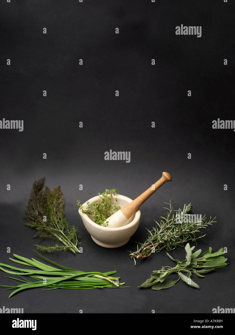 Pestle & Mortar and Herbs Chives Sage Rosemary Fennel Stock Photo Alamy