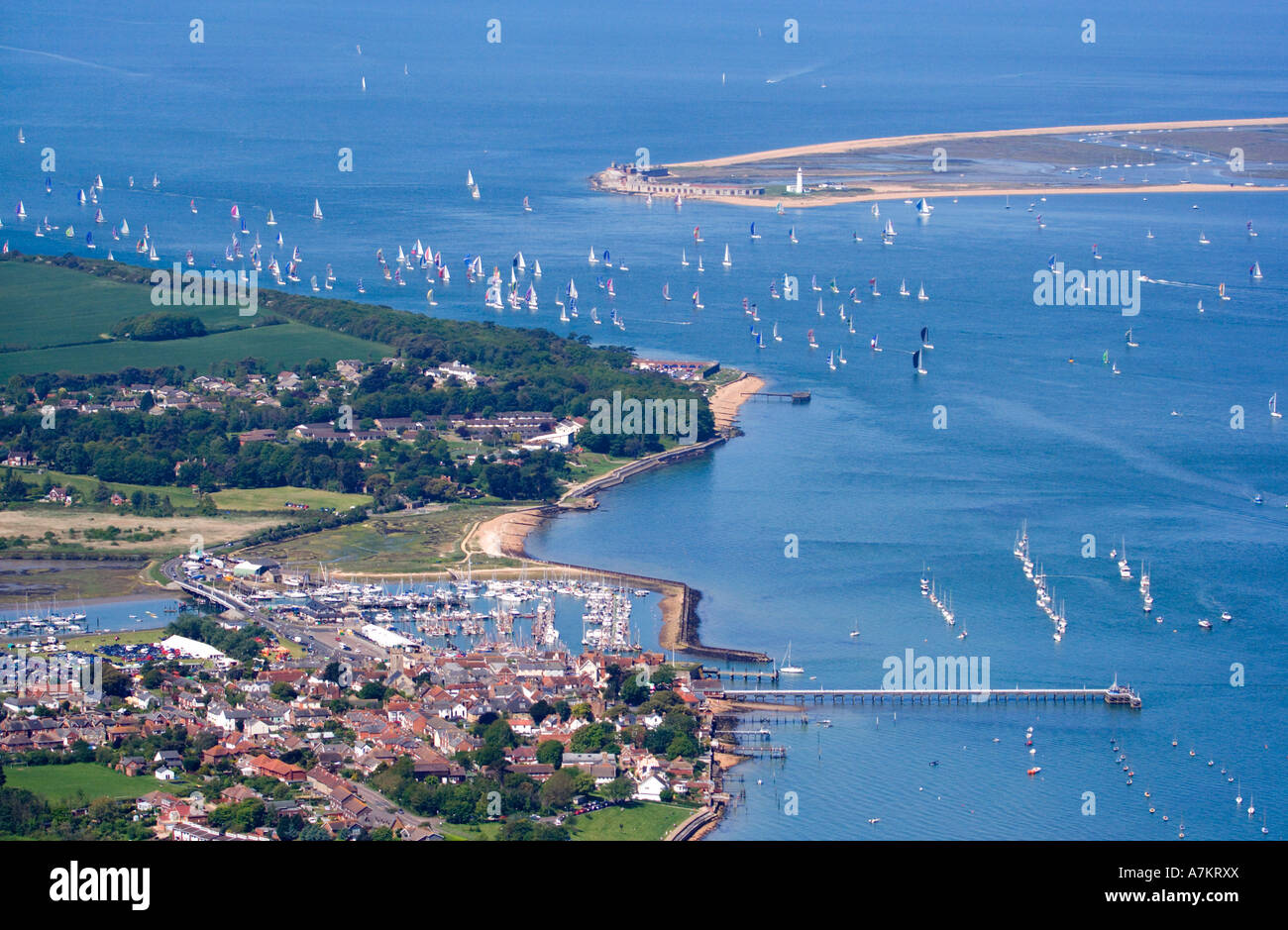 Aerial view of the Solent between Yarmouth Harbour and Hurst point. Yachts competing in the Round  the Island race 2006. UK. Stock Photo