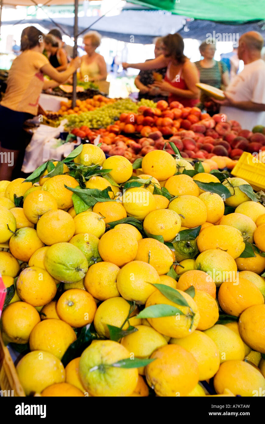 Fruit on sale at a street market in Mallacor on the island of Mallorca. Stock Photo