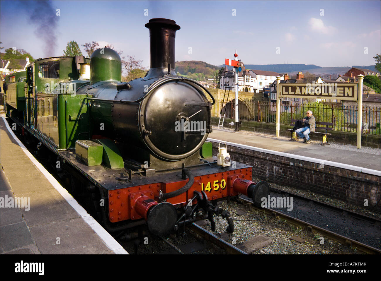 A steam tank engine waits at Llangollen station on the Llangollen heritage railway. Stock Photo