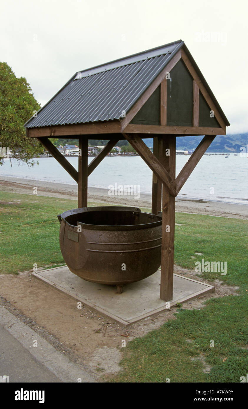 New Zealand Akaroa Cauldron for extracting oil from blubber Stock Photo