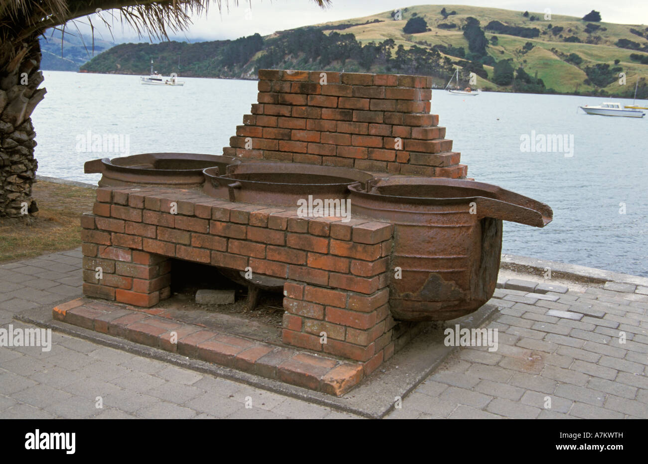 New Zealand Akaroa Cauldrons for extracting oil from blubber Stock Photo