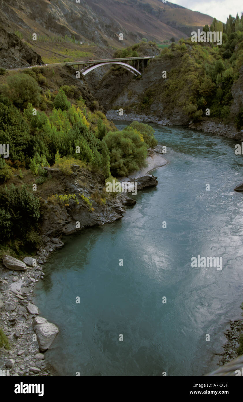 Kawarau Suspension Bridge New Zealand Queenstown View of river Stock