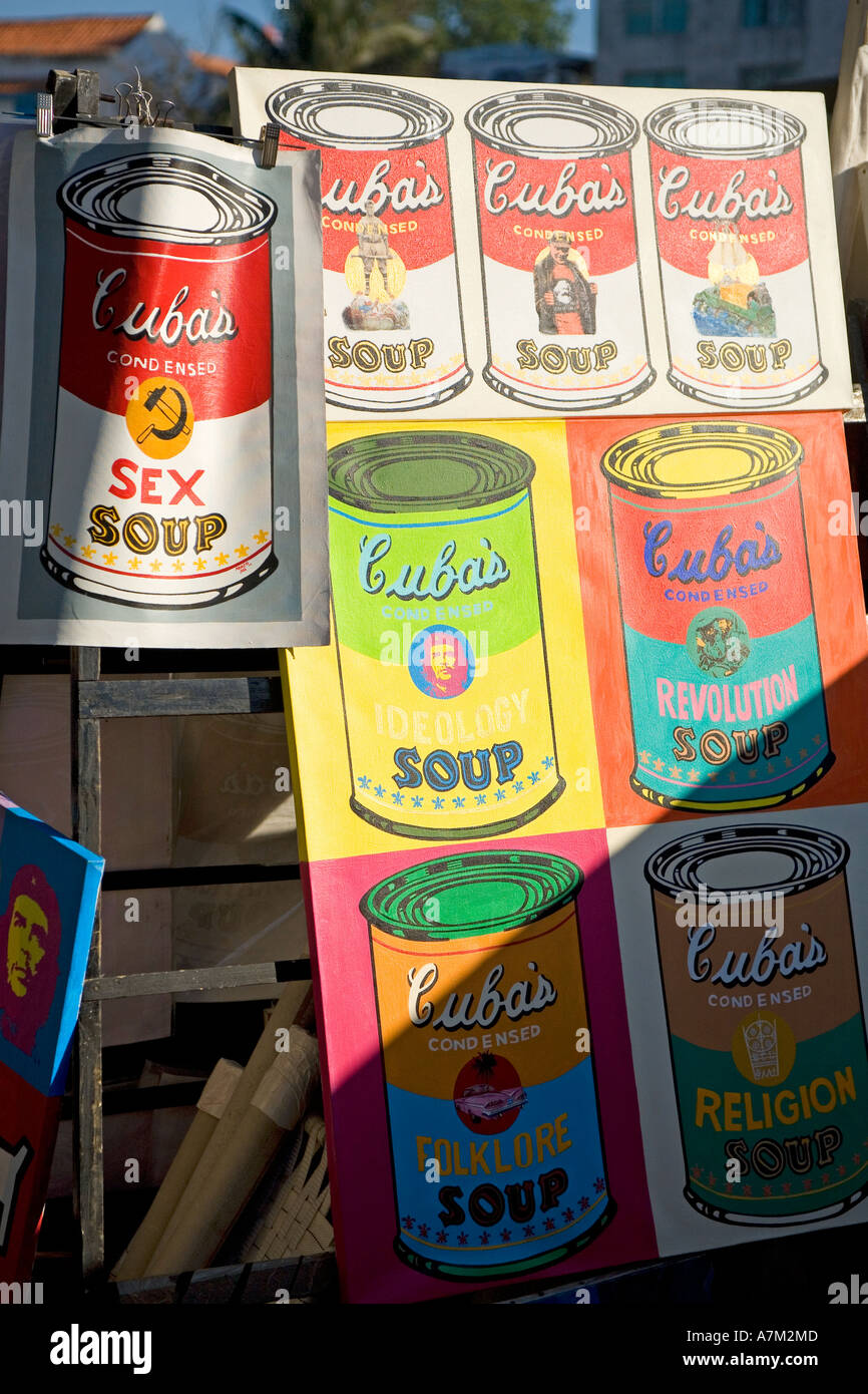 Copies of Andy Warhol soup can pictures on sale at a street market in Havana Cuba Stock Photo