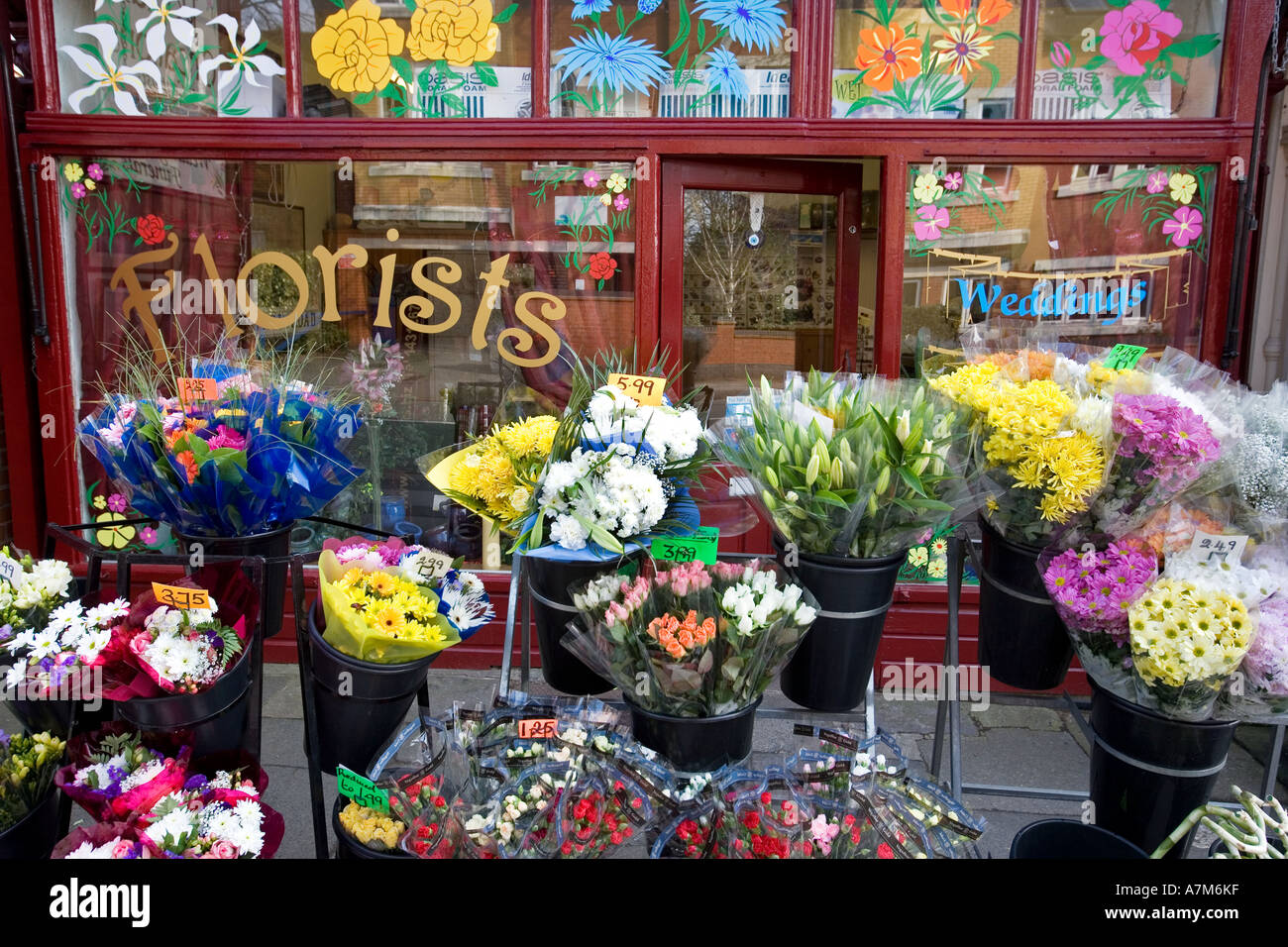 Bouquets of flowers for sale at a florists shop in Birmingham UK Stock Photo