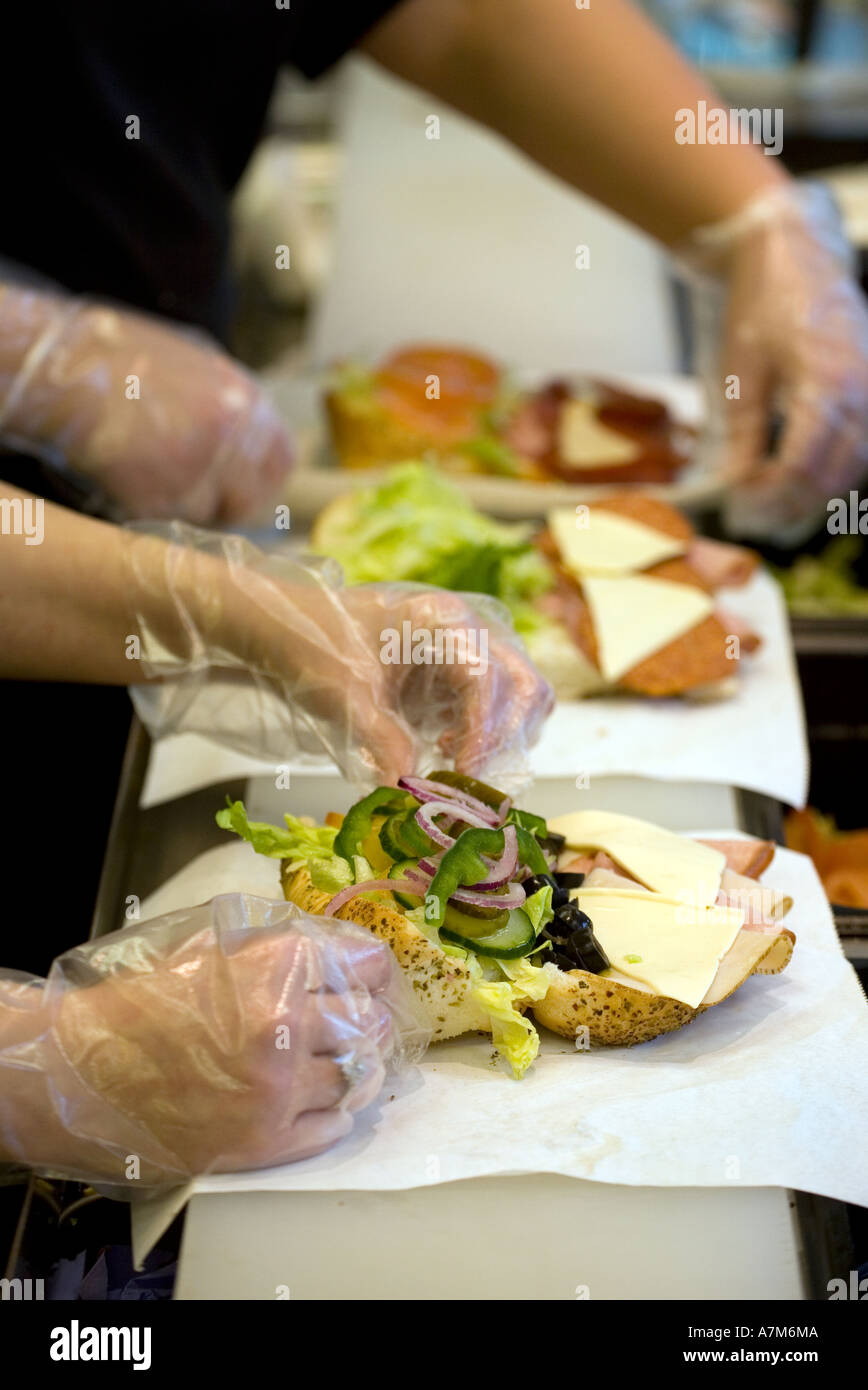 Sandwiches being prepared in a fast food outlet in Birmingham UK Stock Photo