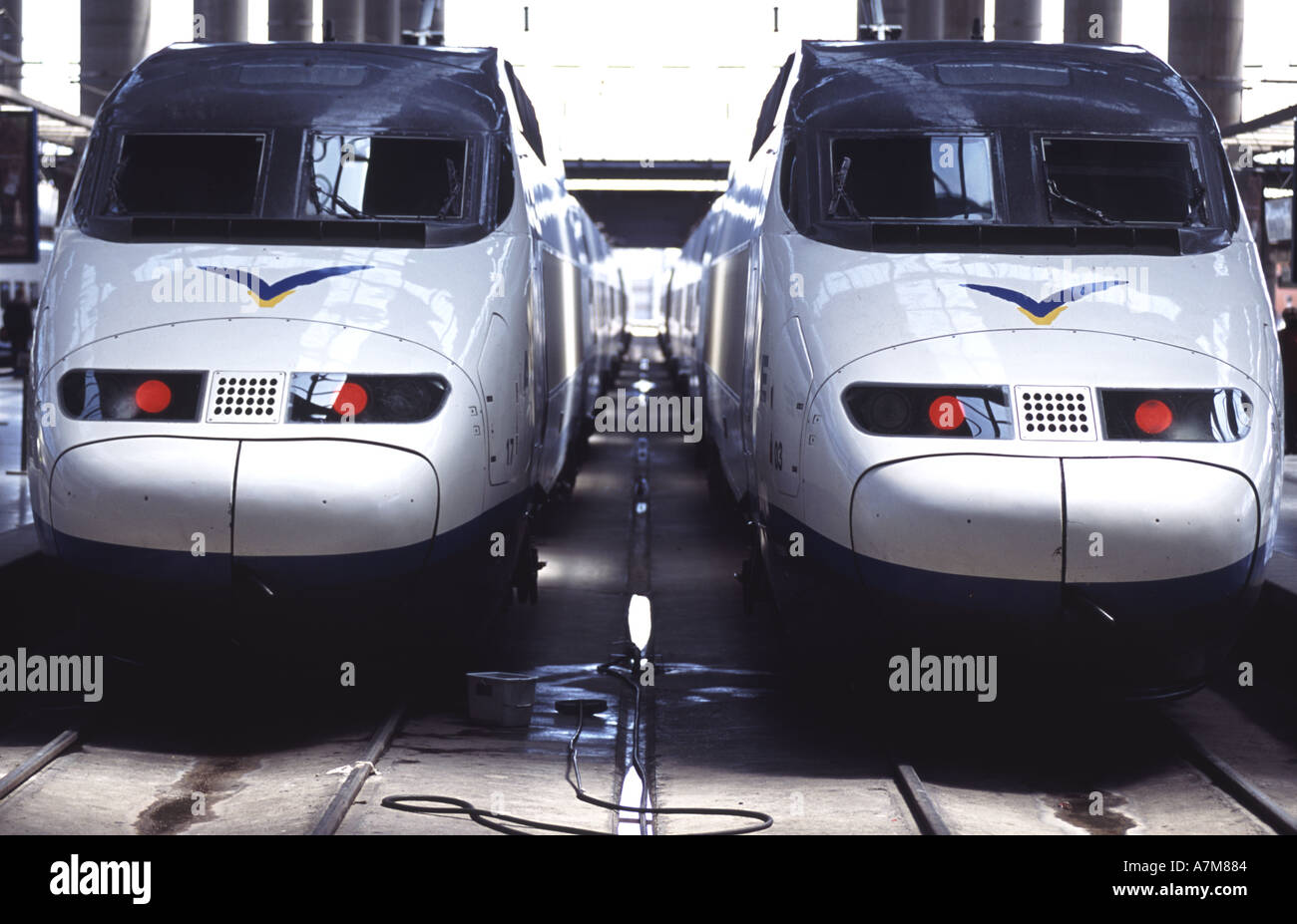 Alta Velocidad Espanola AEV express trains at Atocha station Madrid, Spain. Stock Photo