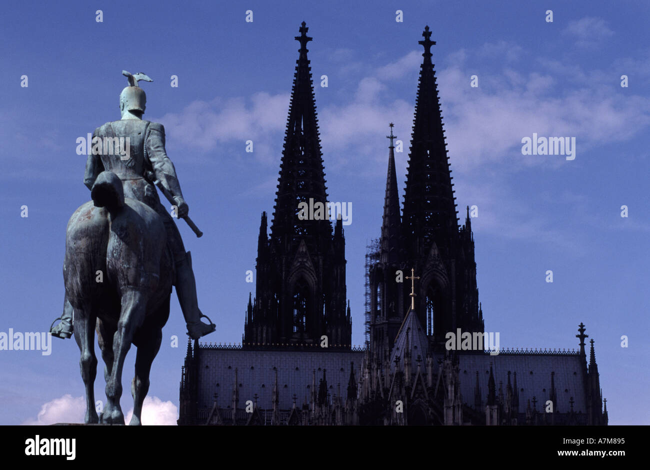 Statue of Wilhelm II beside Cologne cathedral, one of Europe's most splendid Gothic buildings Stock Photo