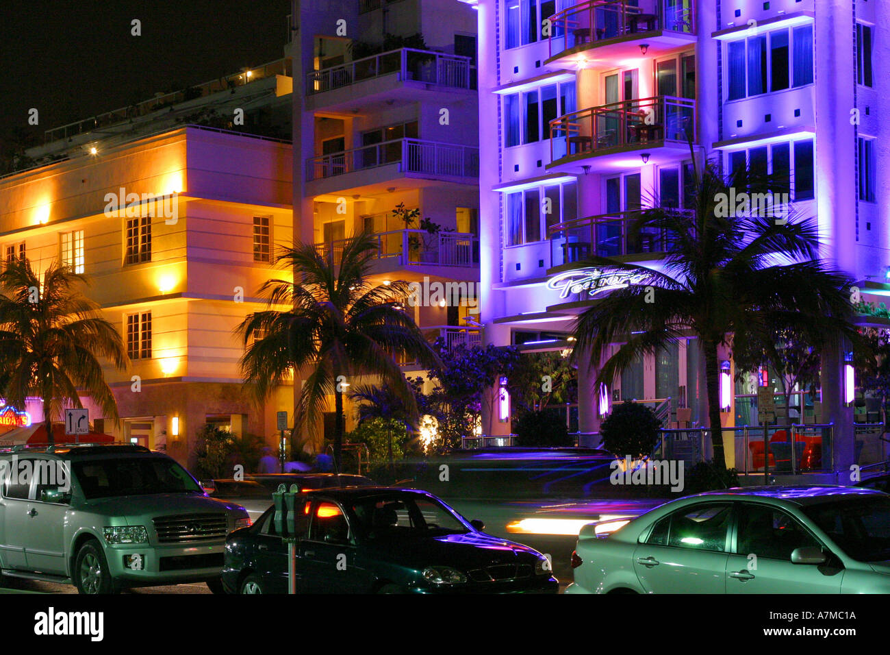 hotels ocean drive miami beach florida usa america evening neon lights ...