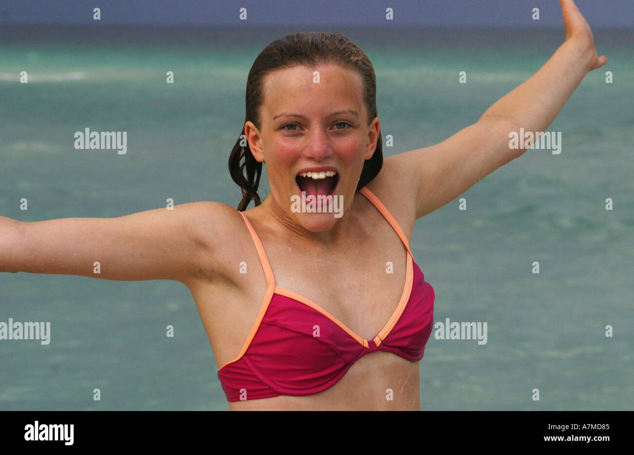 teenage youthful girl fun beach  sun holiday Stock Photo