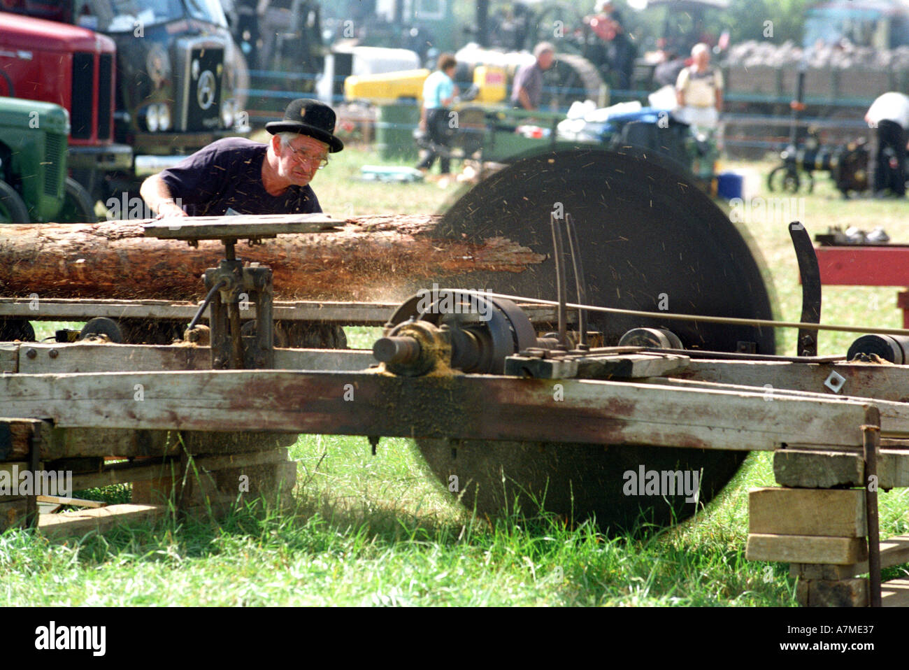An old steam driven rack saw bench in action at The Great Dorset Steam