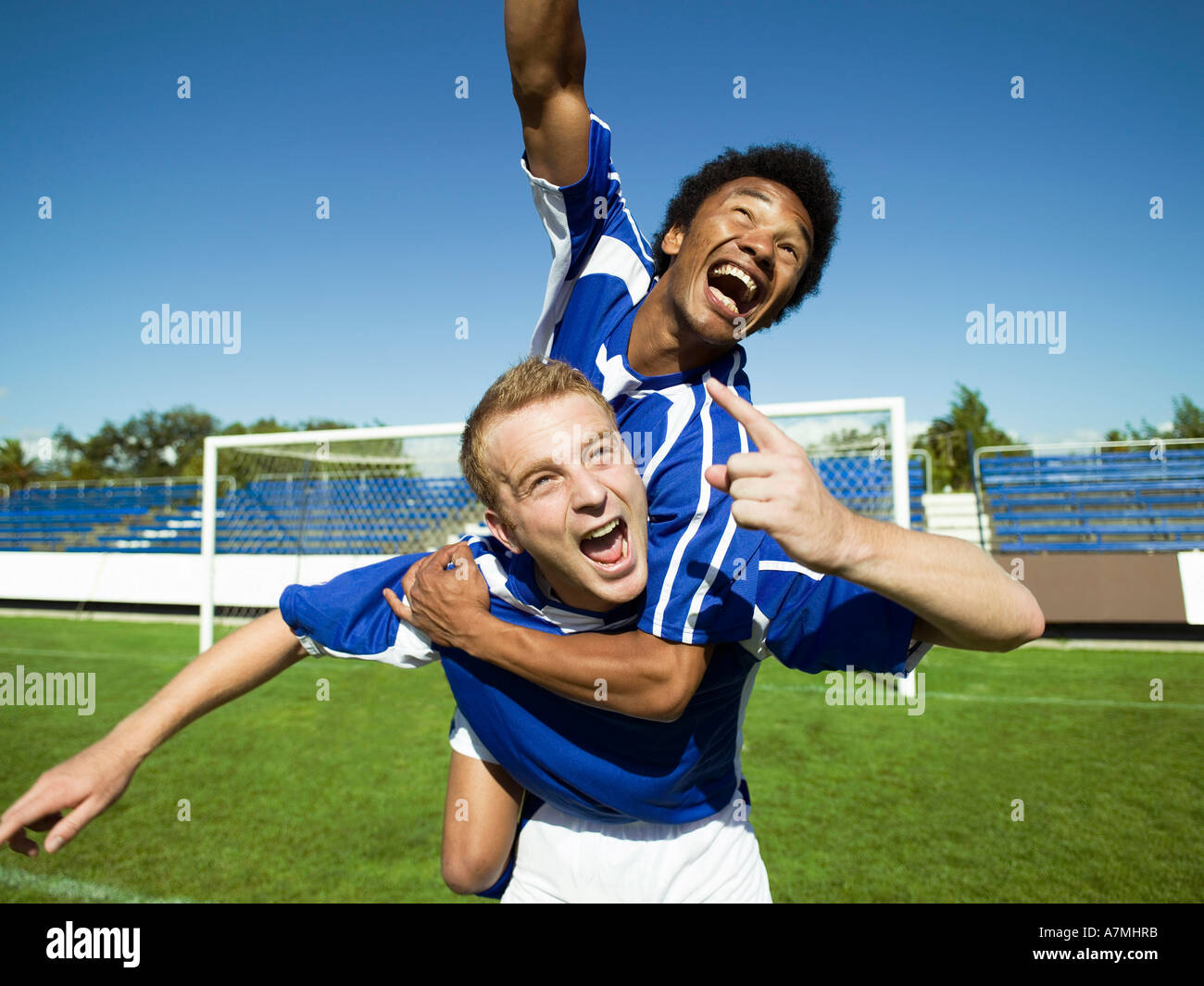Two soccer players celebrating Stock Photo