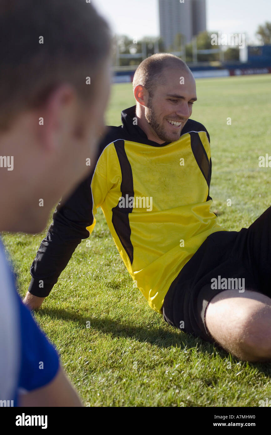 Two soccer players talking Stock Photo
