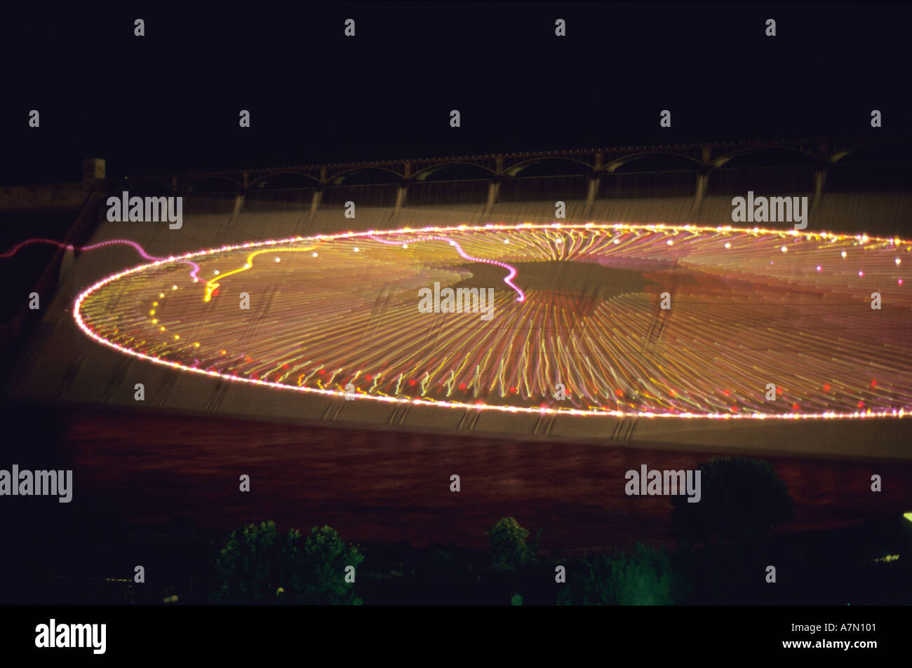Laser light show on the face of the Grand Coulee Dam in Washington