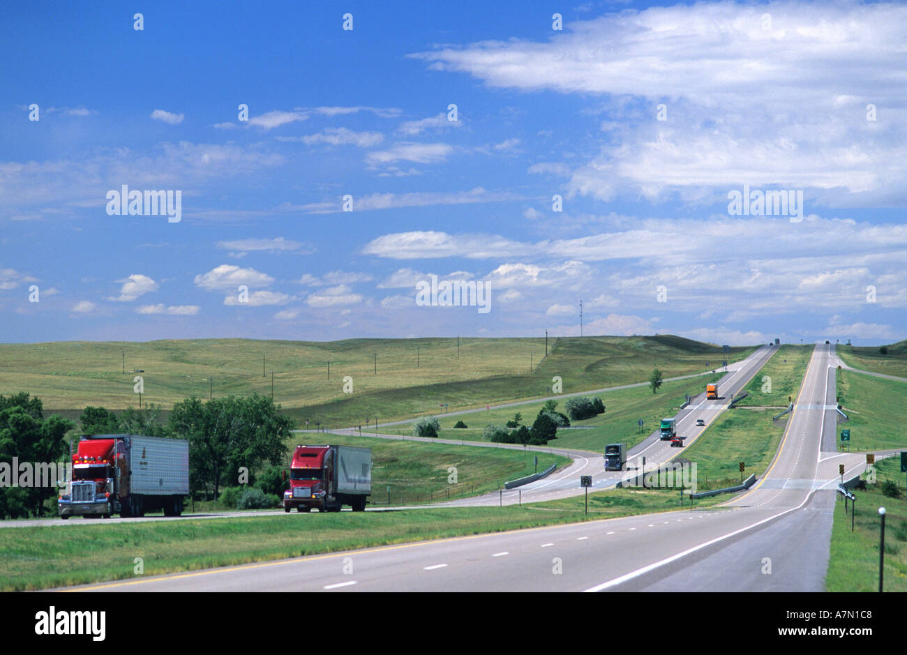 Trucks travel on Interstate 80 near Lodgepole Nebraska View looking