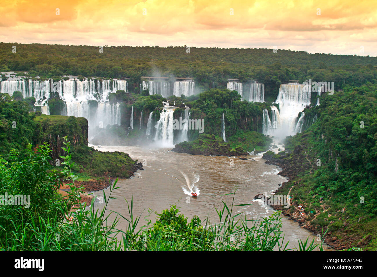 Brazil Iguazu Falls spectacular view tour boat  Stock Photo