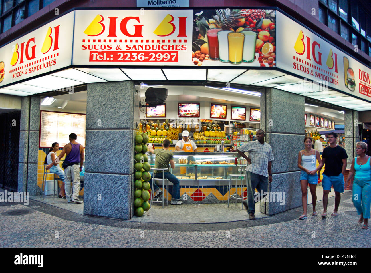 Shops In Rio Rio de Janeiro Copacabana fruit shop cariocas dusk Stock Photo - Alamy
