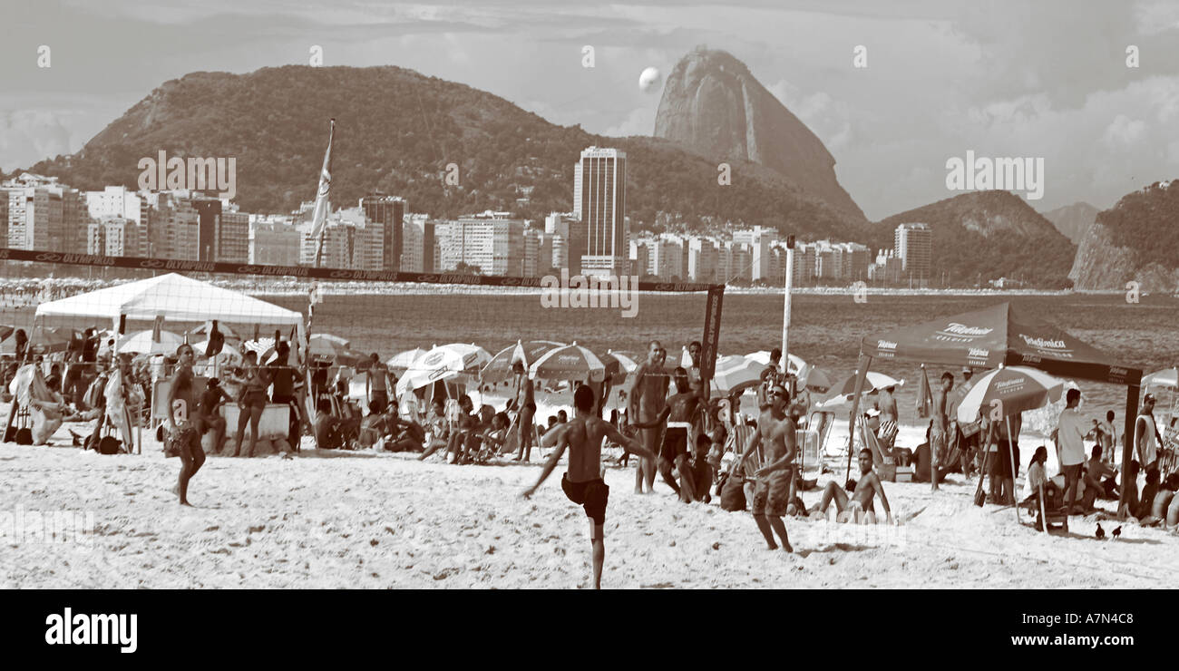 Brazil Rio de Janeiro Copacabana beach Cariocas background Pao de Acucar sugarloaf  Stock Photo