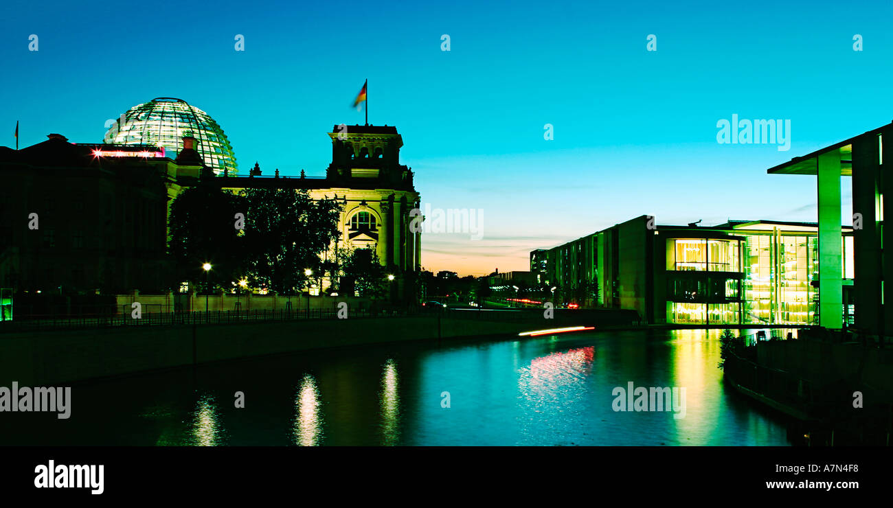Berlin Reichstag Spree Paul Loebbe building dusk Stock Photo