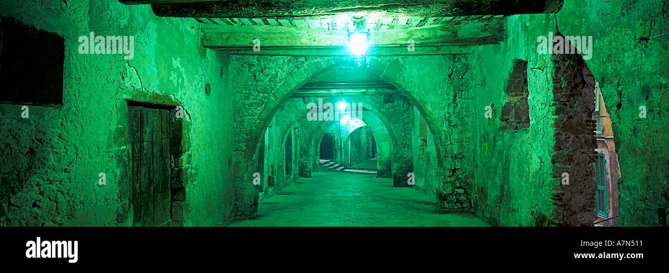 French Reviera Villefranche sur Mer panorama magic underpass old town center green neon lights Stock Photo