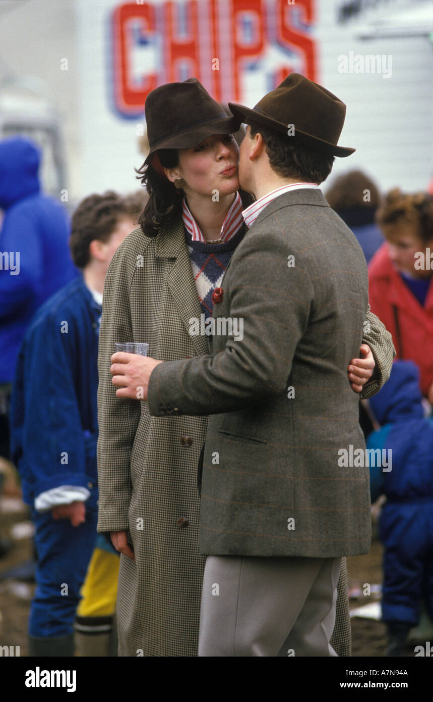 Air Kiss. Sloane rangers air kissing a greeting 1980s country set fashion Badminton, Horse Trials Gloucestershire UK May 1985. HOMER SYKES Stock Photo