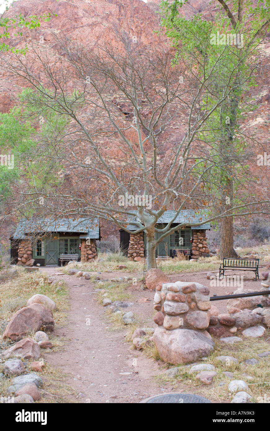 Cabins at Phantom Ranch in Bright Angel Canyon at the bottom of the Grand Canyon Stock Photo