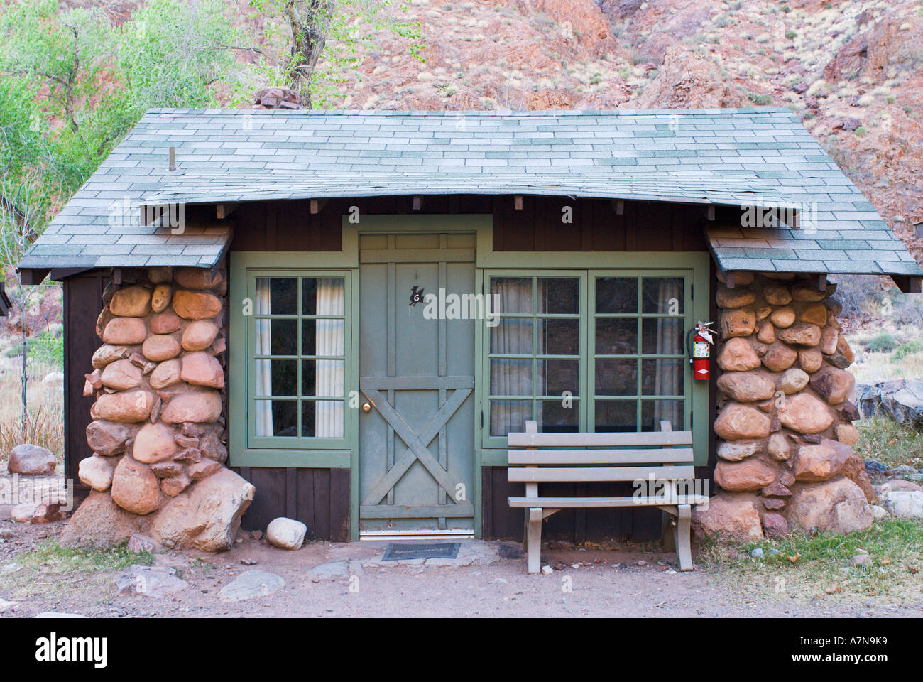 Cabin at Phantom Ranch in Bright Angel Canyon at the bottom of the Grand Canyon Stock Photo