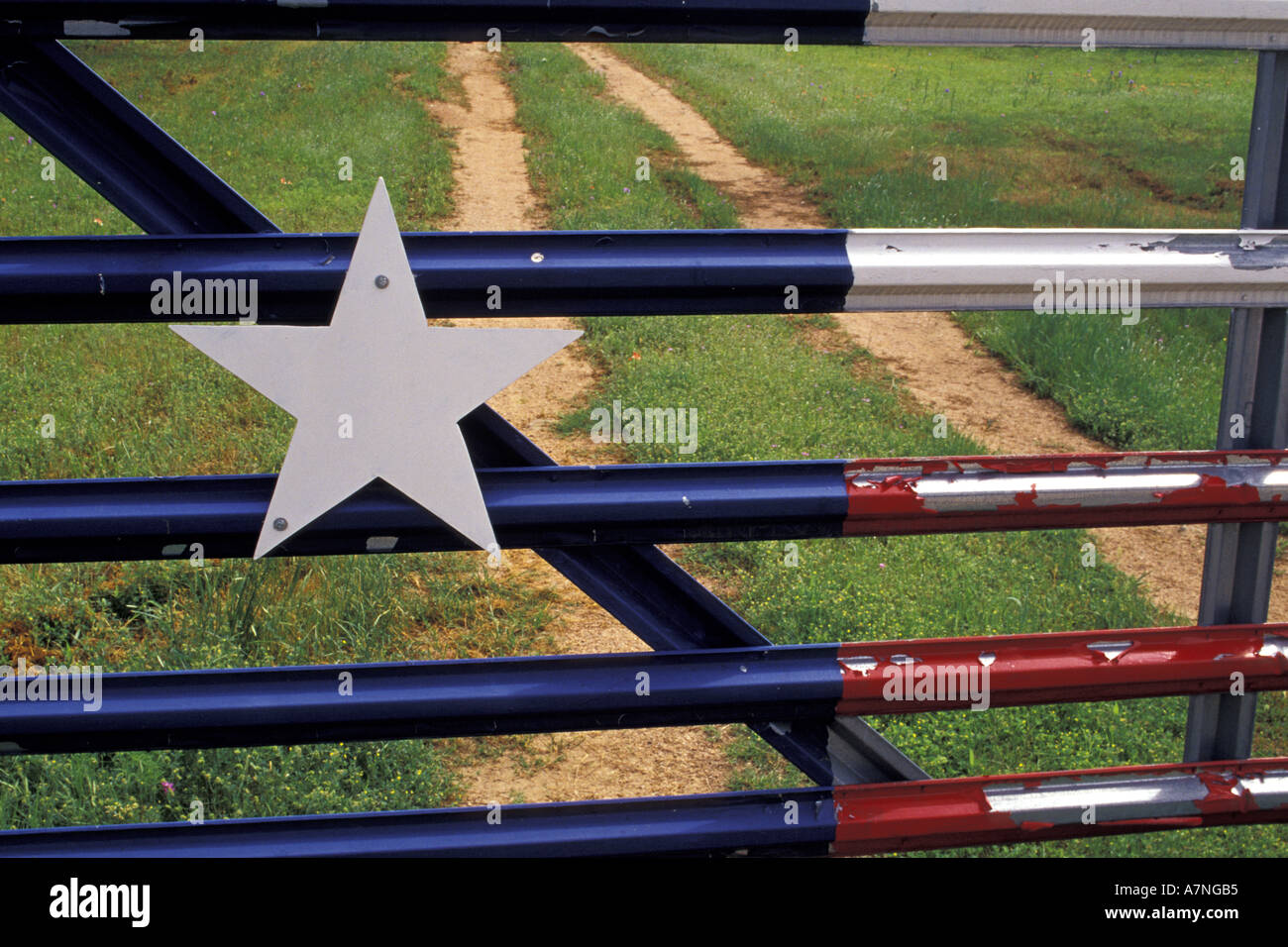 N.A., USA, Texas, Lake Buchanan, Texas flag painted on metal gate Stock Photo
