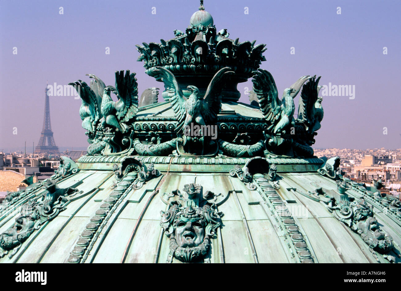 France, Paris, Garnier Opera house, rotunda cupola of the season ticket holders and the Eiffel Tower Stock Photo