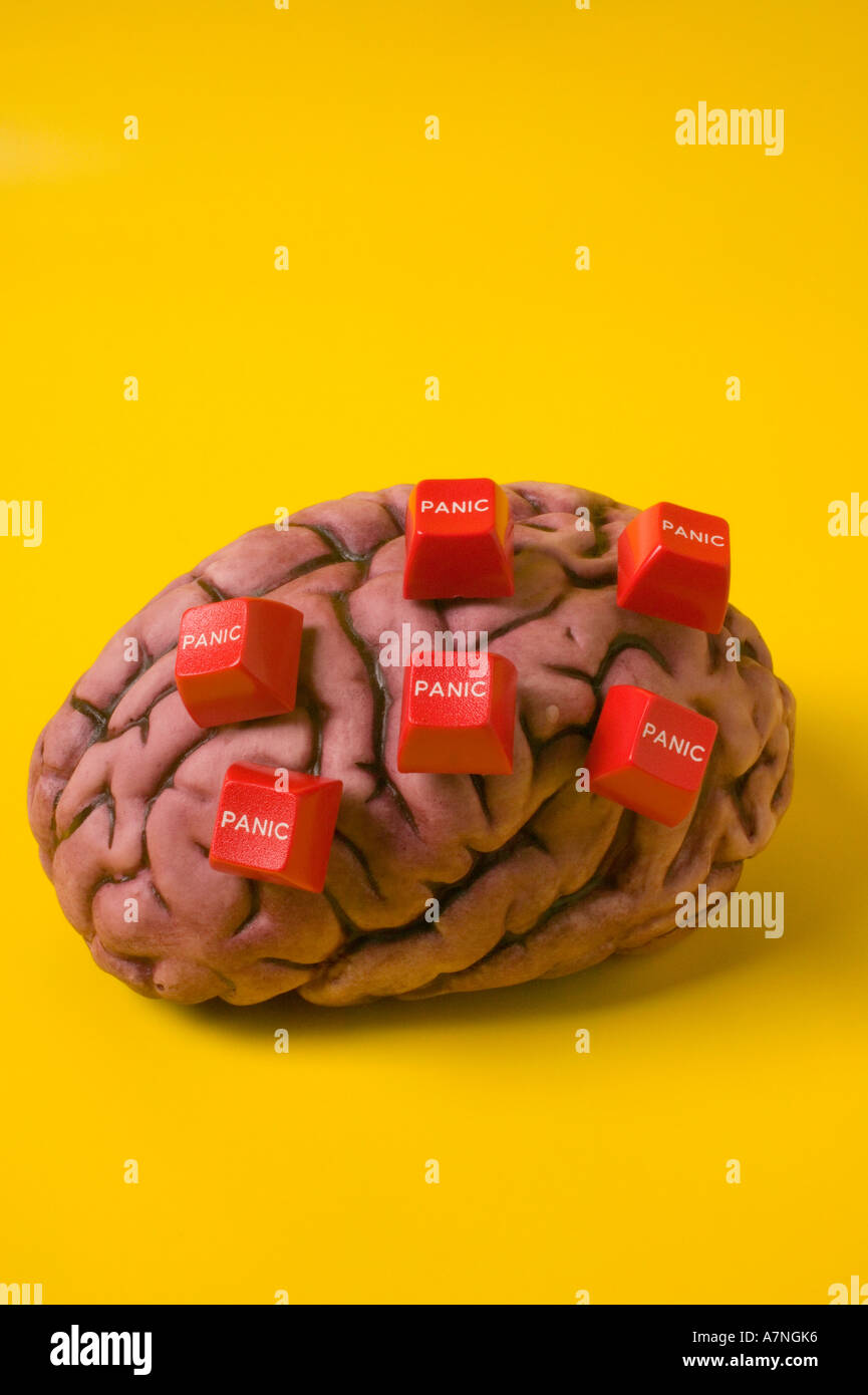 Human brain model with panic buttons on it Stock Photo