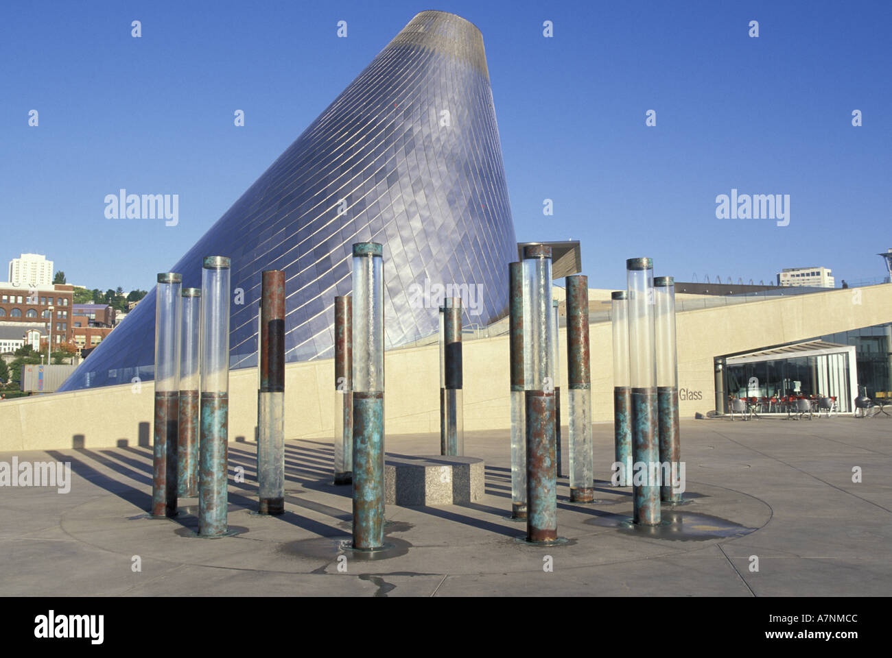 NA, USA, Washington, Tacoma Museum of Glass; Howard Ben Tre's Water Forest fronts tilted Hot Shop cone Stock Photo