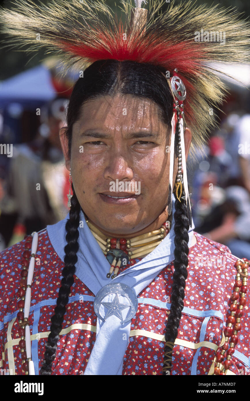 American Indian man in traditional costume at intertribal powwow; Seattle Seafair Indian Days Pow Wow Stock Photo