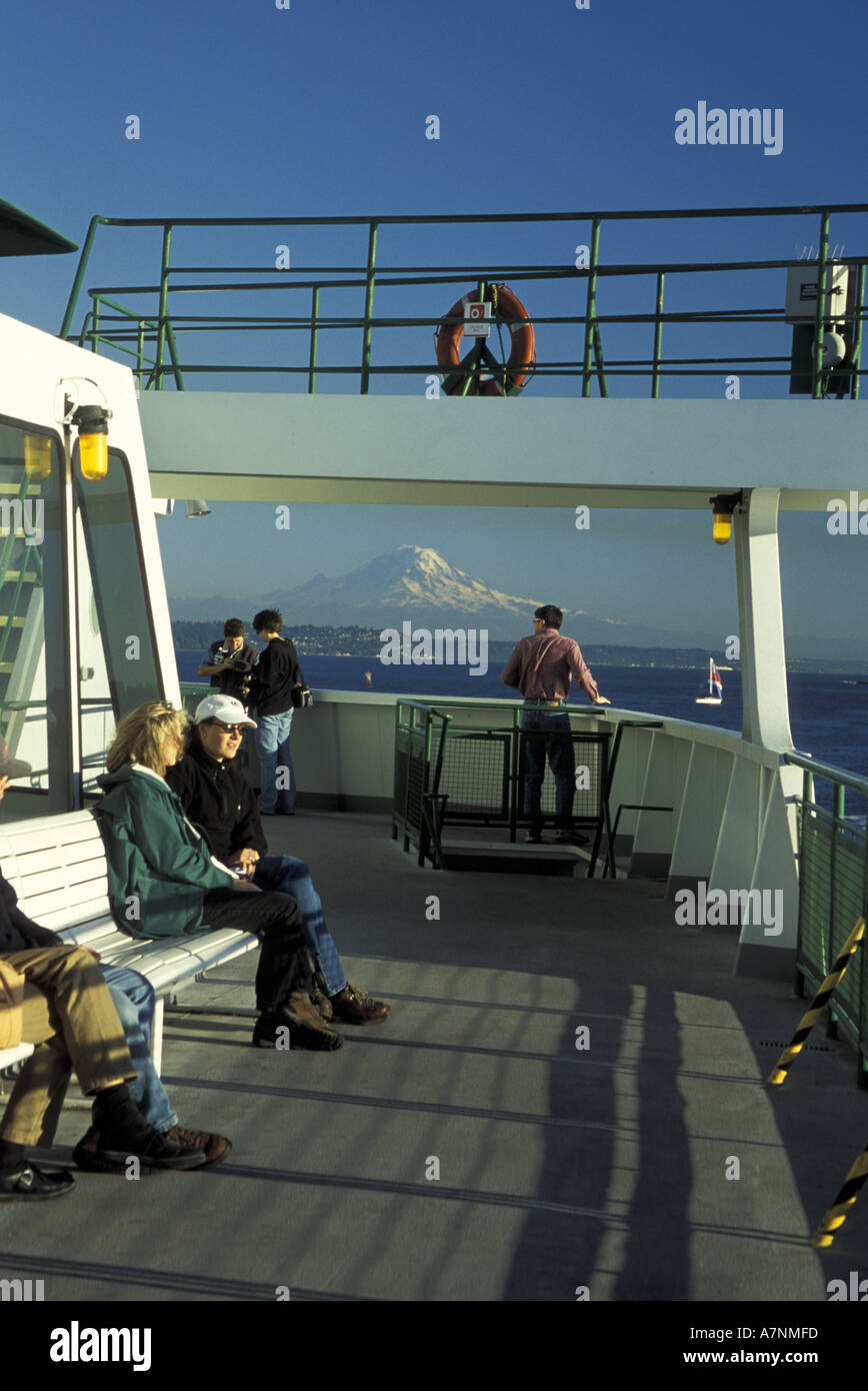 USA, Washington State, Seattle. Ferry on Puget Sound with Mt. Rainier ...