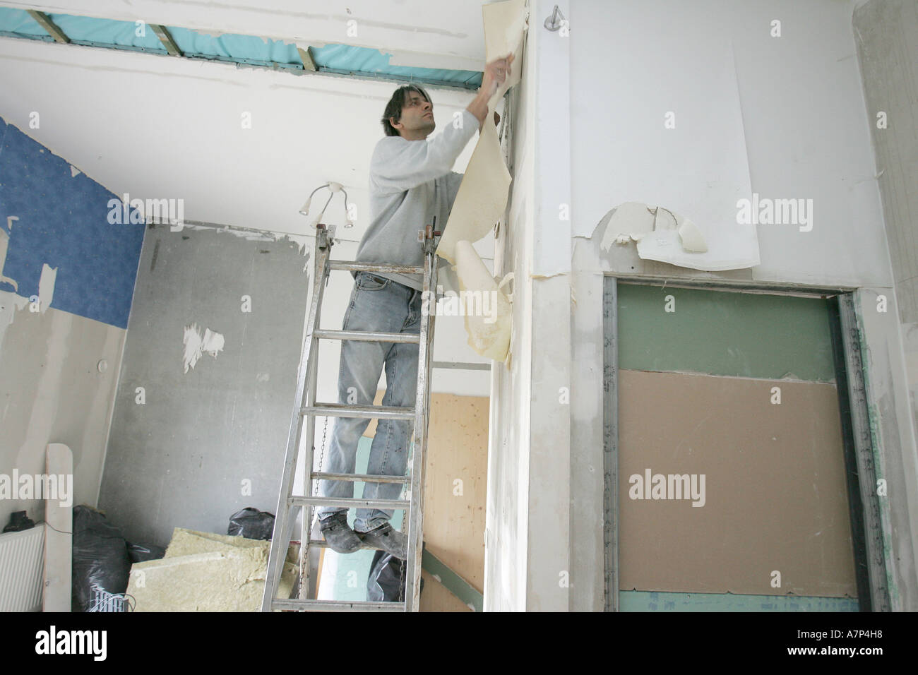 DEU, Germany, handyman renovating, high accident risk for handyman Stock Photo