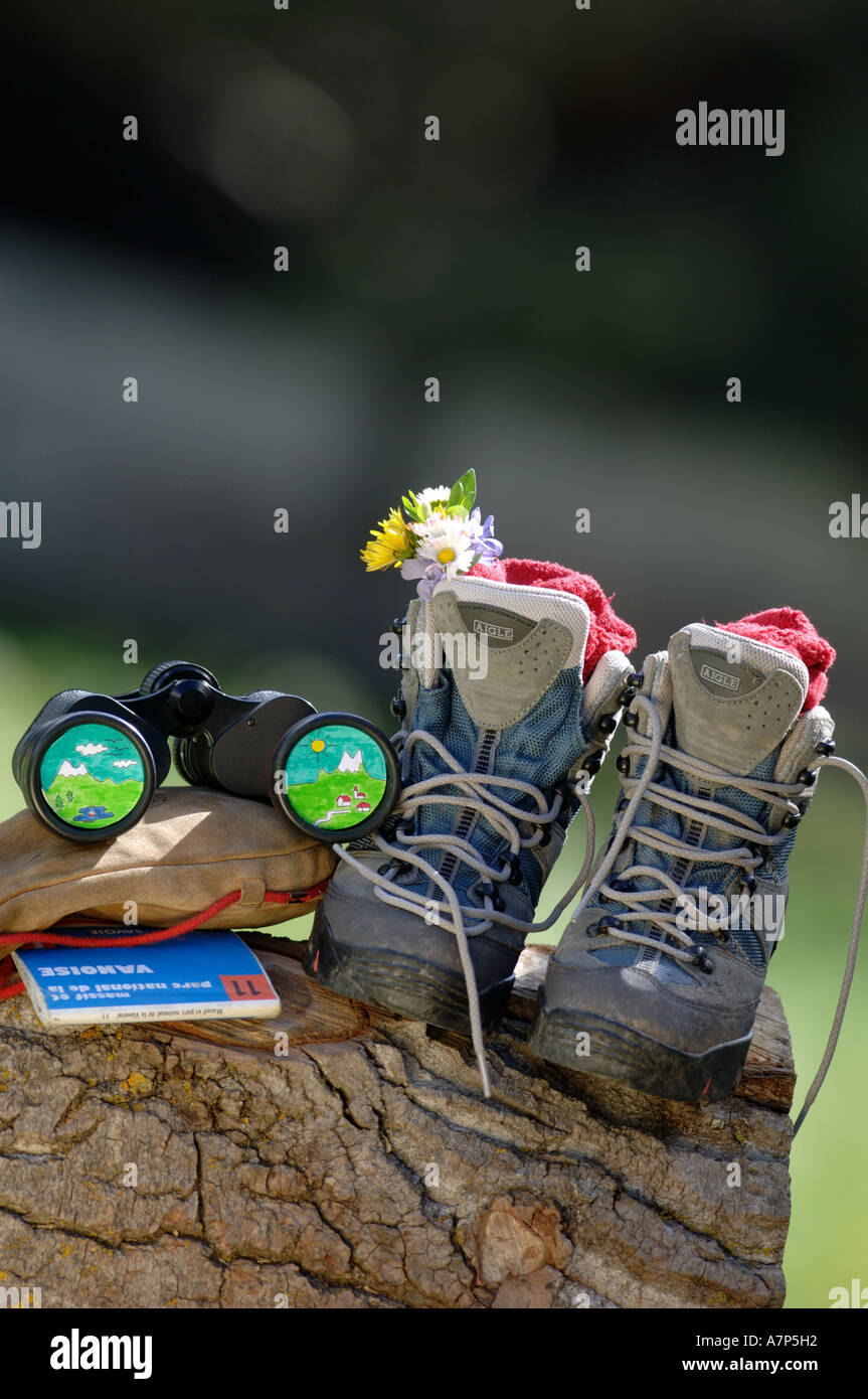 hiking boots and binoculars on a tree trunk, France Stock Photo - Alamy