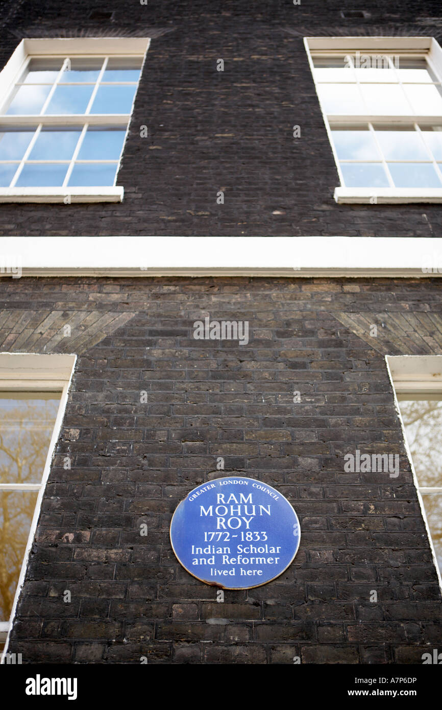 Plaque at Bedford Square WC1 London city England UK reading Greater London Council Ram Mohun Roy Stock Photo