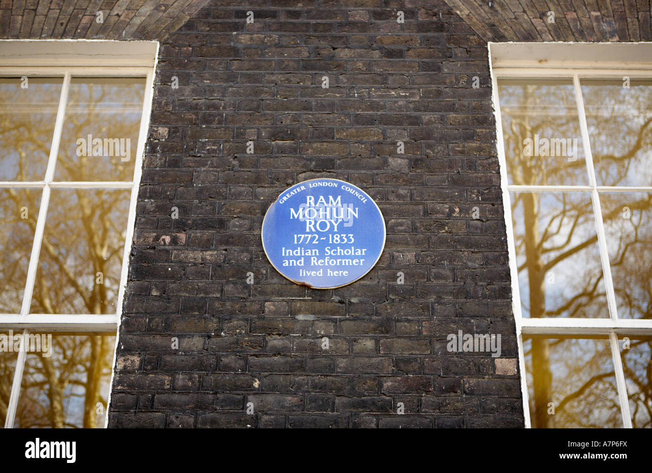 Plaque at Bedford Square WC1 London city England UK reading Greater London Council Ram Mohun Roy Stock Photo