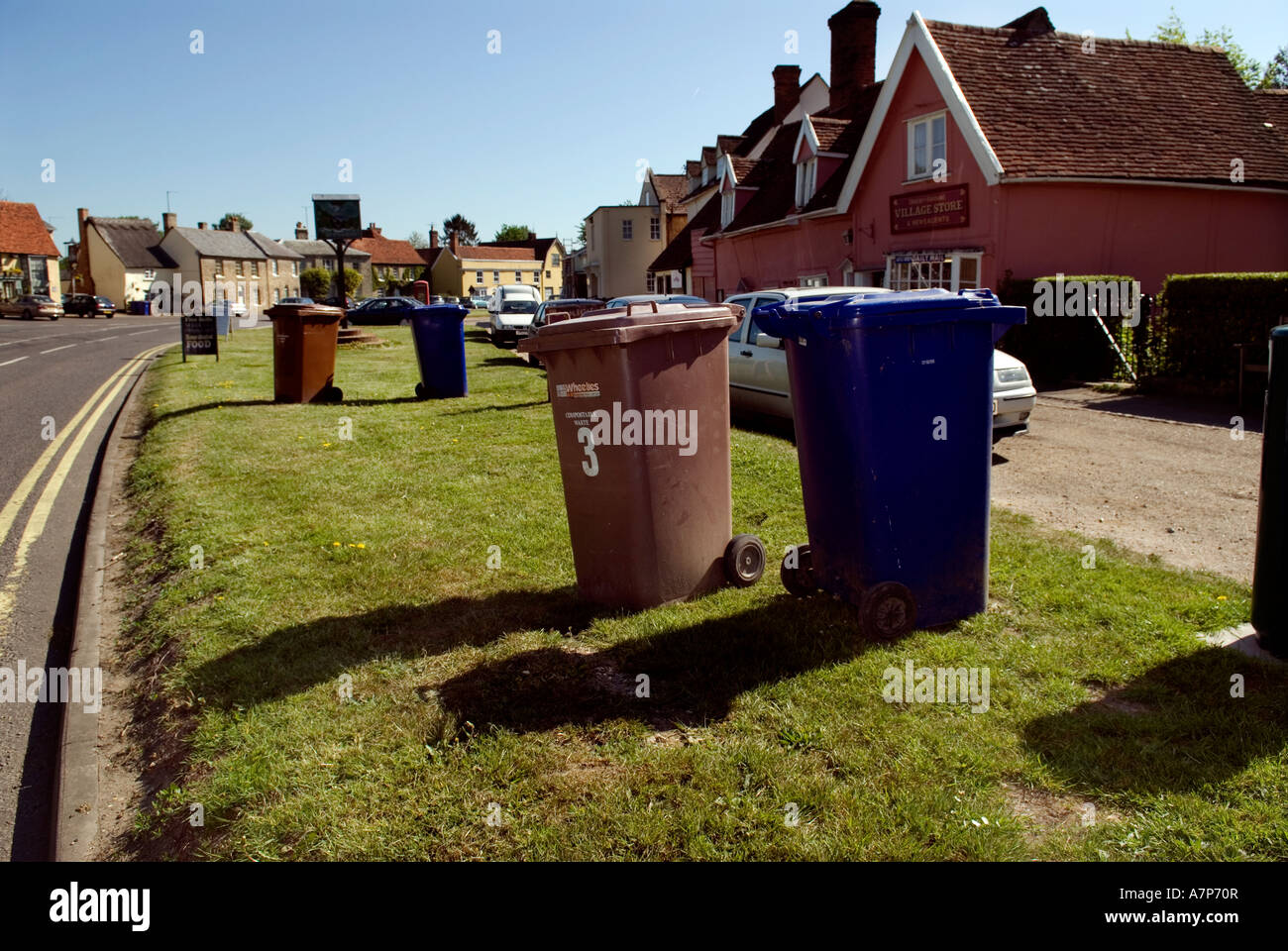 WHEELIE BINS CAVENDISH SUFFOLK ENGLAND RUBBISH COLLECTION DAY COPYRIGHT