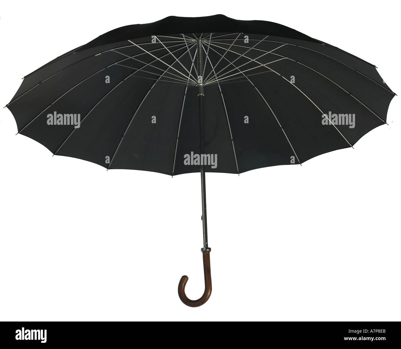 Open black umbrella silhouetted on white background Stock Photo
