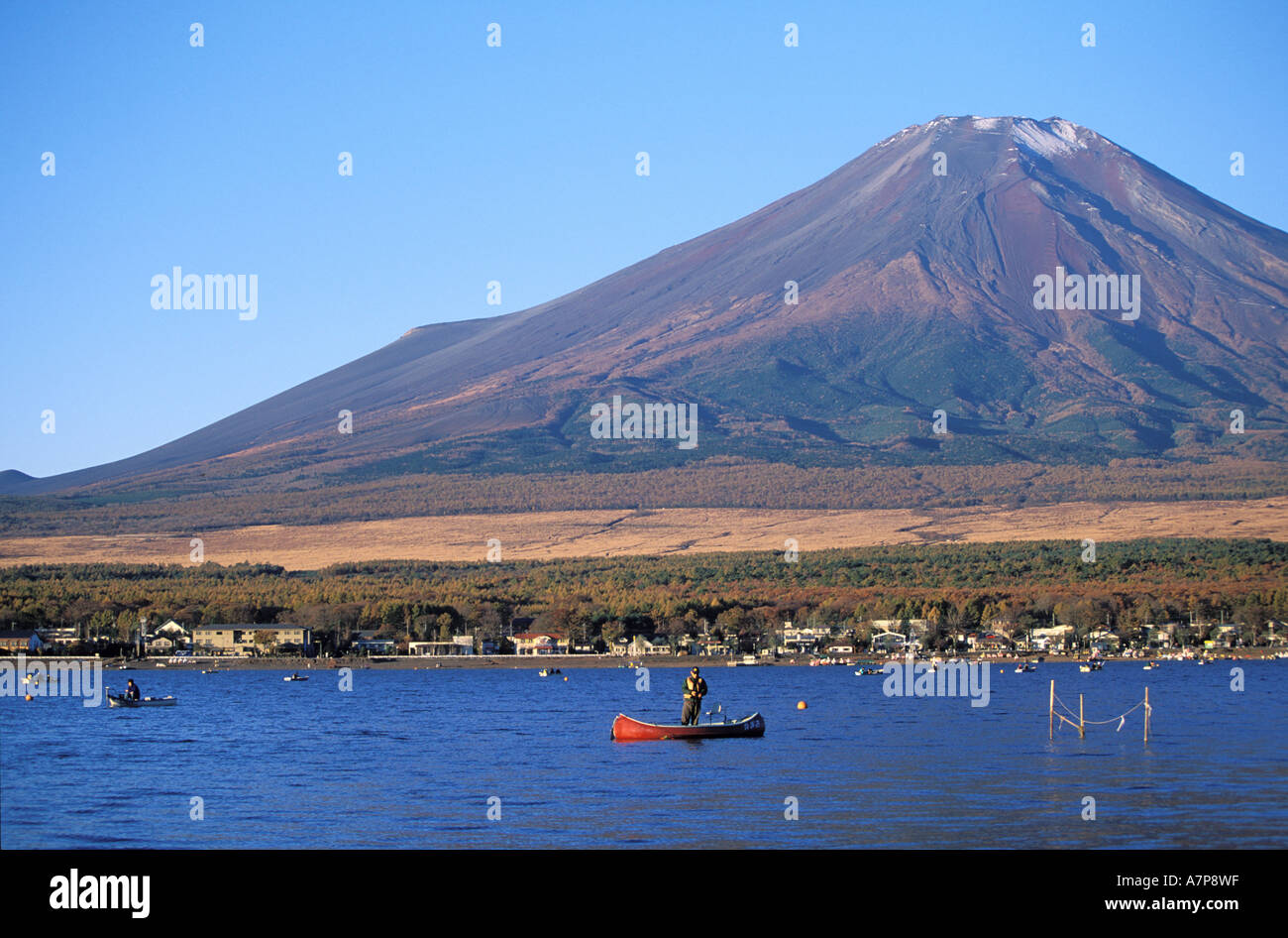 Japan, Honshu Island, Chubu region, Mount Fuji (12, 389 ft) in front of Lake Yamanakako Stock Photo