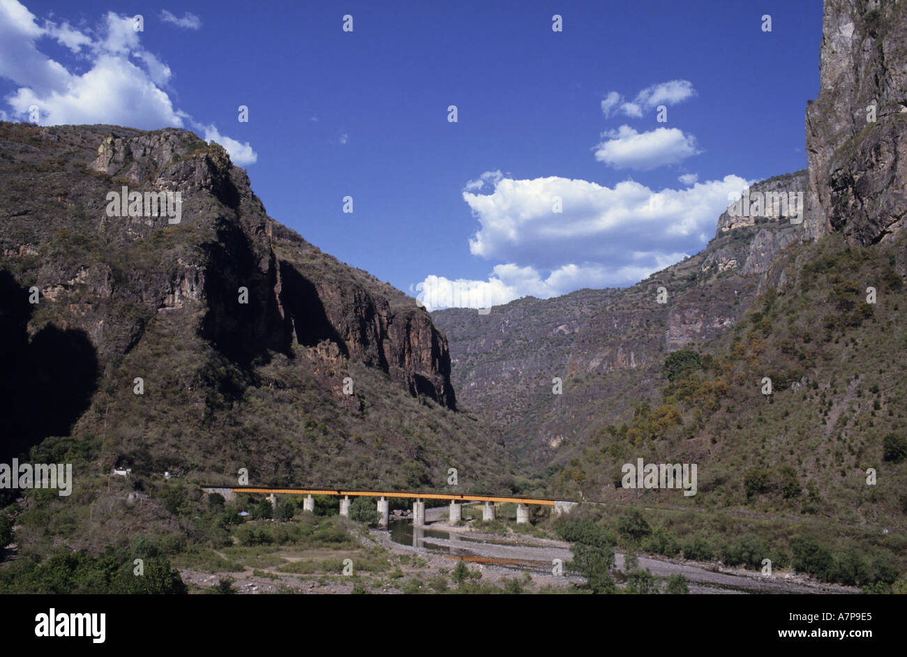 The Copper Canyon between Creel and Mazatlan with a railway bridge in the Sierra Tarahumara, Chihuahua, Mexico Stock Photo