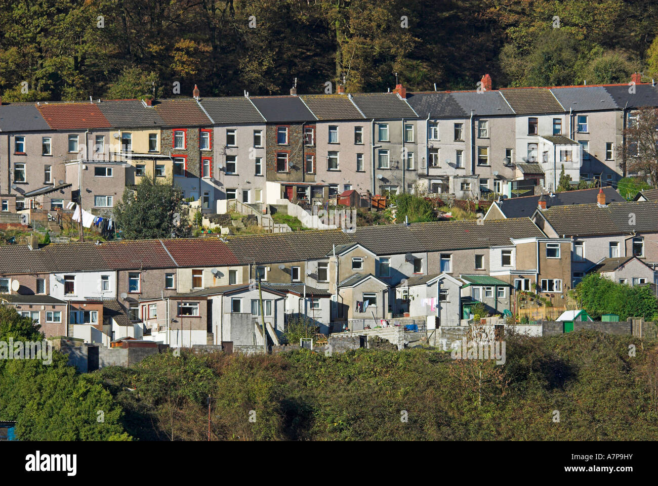 Terraced Miners Cottages, Tylorstown, Rhondda Cynon Taff, Wales, UK