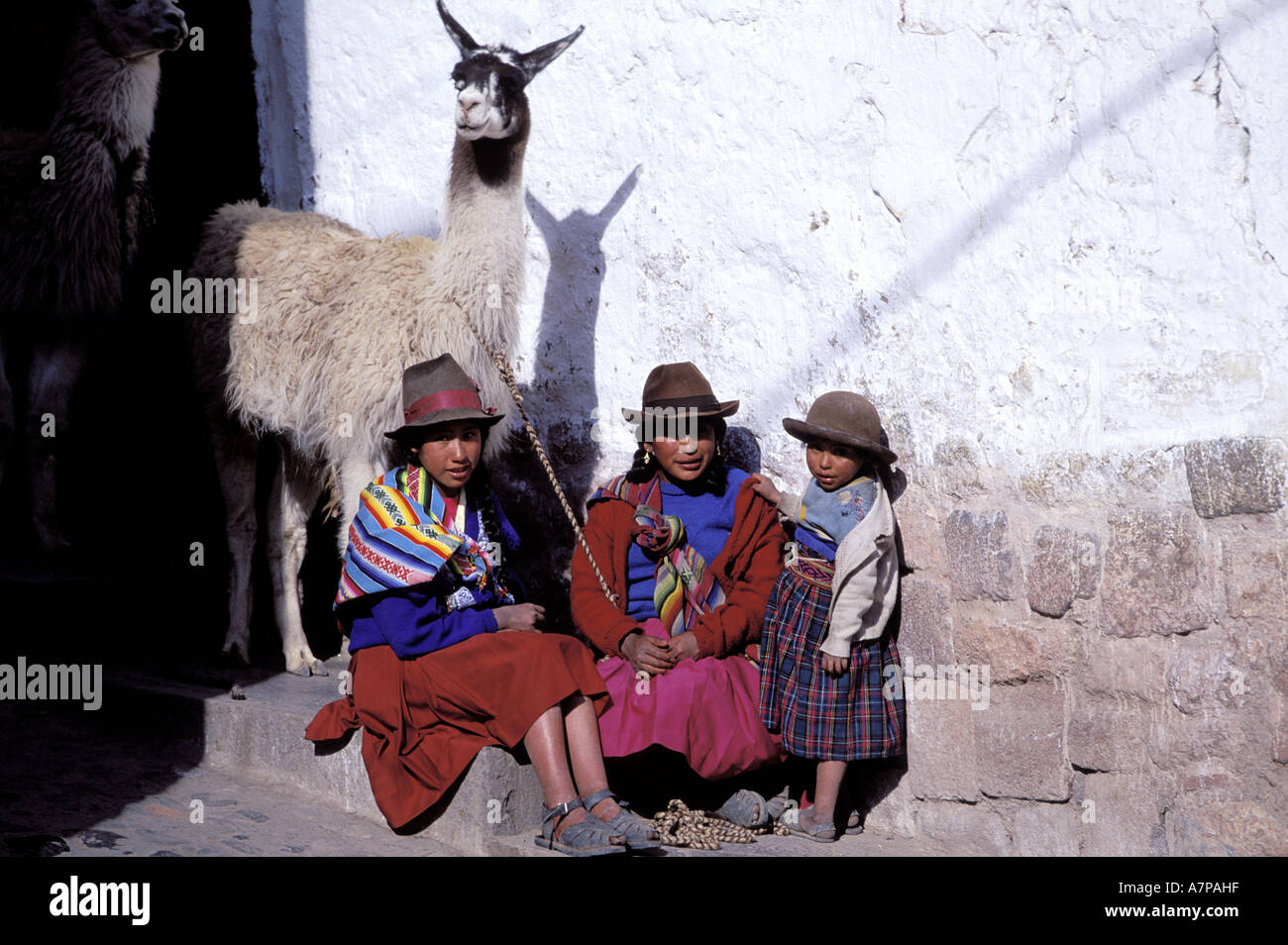 Peru, Cuzco Department, Cuzco City,Indian women with their llama Stock Photo