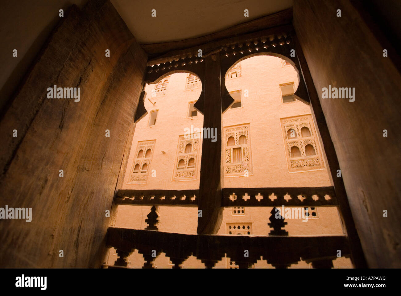Carved wooden window, Shibam (Unesco World Heritage City), Seiyun District, Yemen Stock Photo