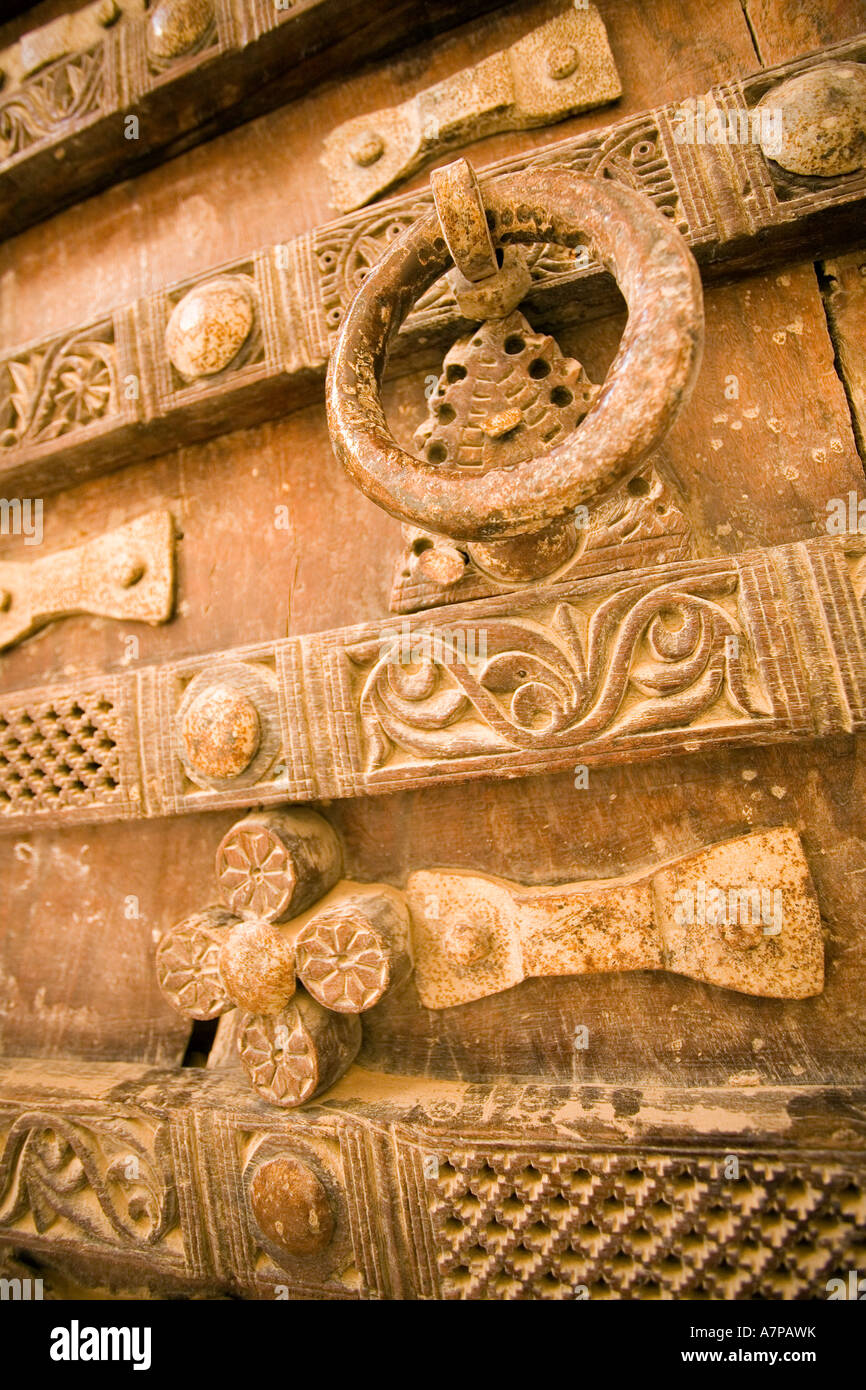 Carved wooden door, Shibam (Unesco World Heritage City), Seiyun District, Yemen Stock Photo