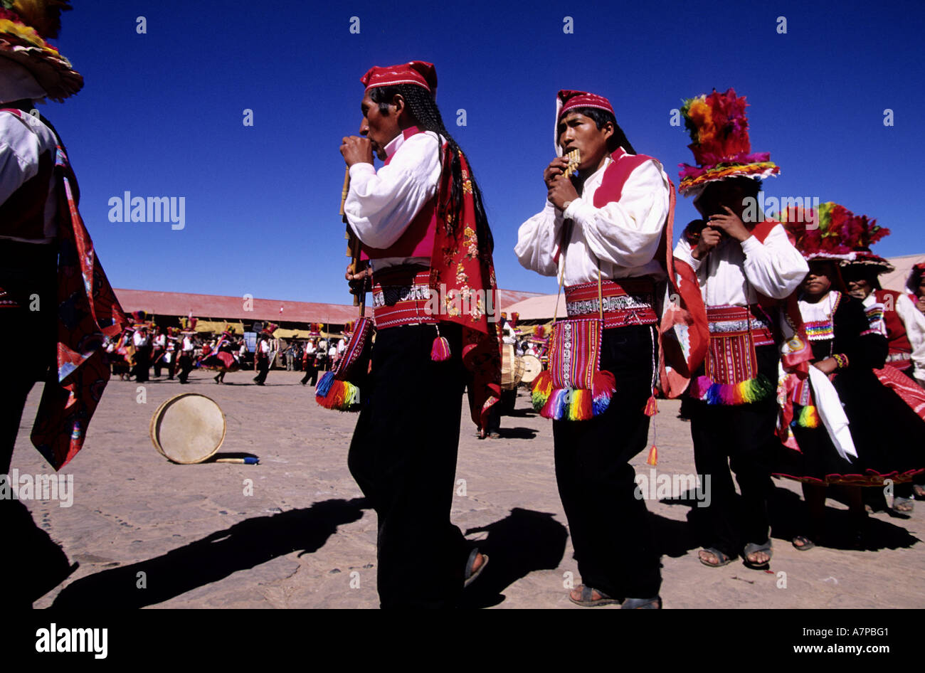 Peru, Puno Department, Lake Titicaca, harvest  festival on Taquile island Stock Photo