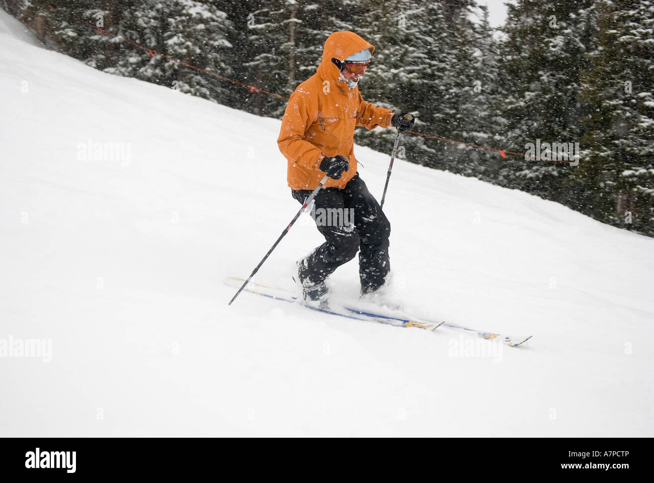 Female telemark skier on Snowmass Mountain, Aspen, Colorado. Stock Photo